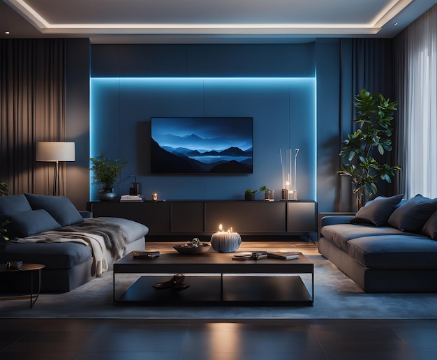 Современный комфорт Стильная гостиная, залитая синим светом