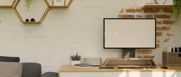 Photo modern comfortable home workspace in living room with computer and accessories on table