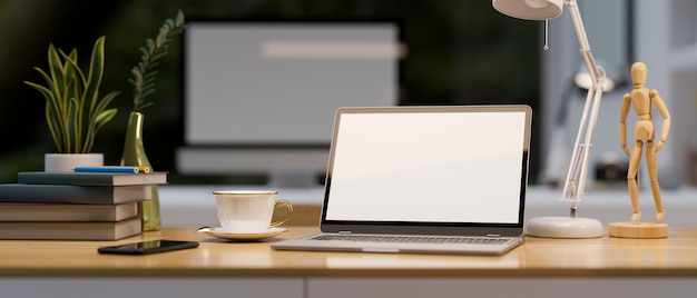 Modern comfortable office workspace table with laptop computer\
3d rendering