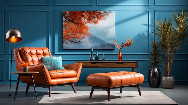 밝은 파란색 거실 에 있는 현대적 인 편안 한 소파 와 의자
