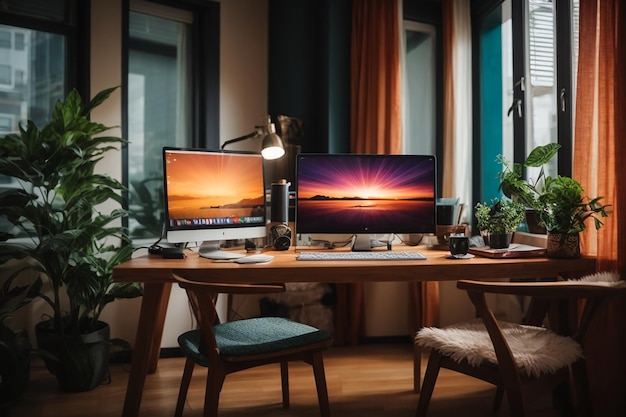 집에 있는 현대적이고 편안한 직장에는 테이블 위에 컴퓨터와 노트북이 있습니다