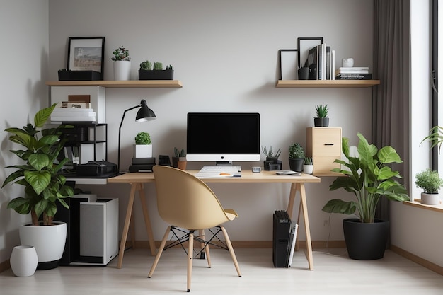 modern and comfortable workplace at home there are computer and laptop on the table