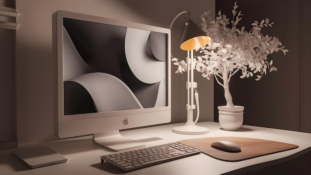 Photo modern comfortable workplace with a computer setup on a wooden table