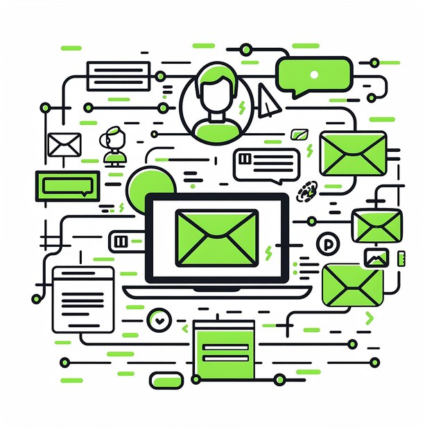 Modern Communication Sending New Messages in Stylish Black and Green Outline Illustration