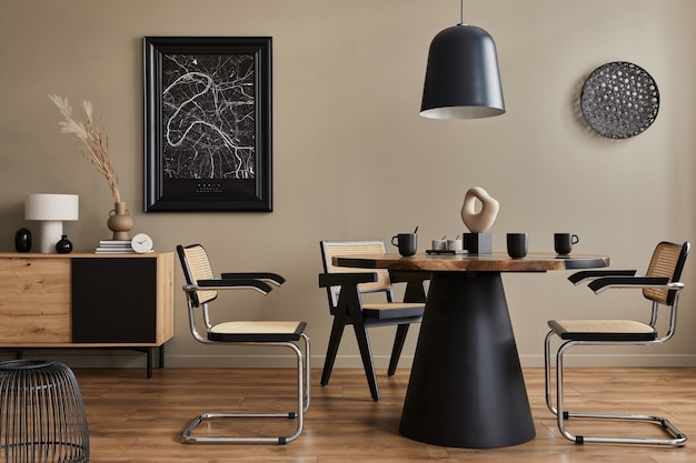 Composizione moderna dell'interno della sala da pranzo con tavolo in legno di design, sedie eleganti, decorazioni, teiera, tazze, vaso, comò, mappa poster nera e accessori eleganti nell'arredamento della casa. modello