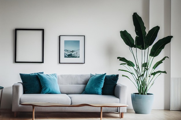 Modern composition of living room interior with brown mock up poster frameSquare wooden frame mock up with sofa and green plants on white wall in living room