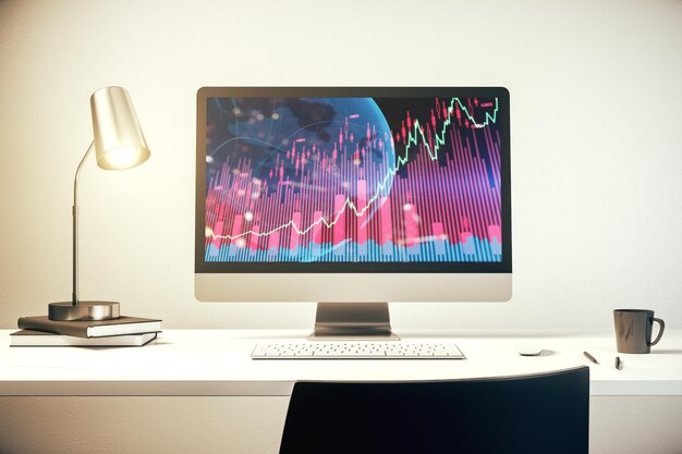 Modern computer display with abstract financial graph with world map financial and trading concept 3D Rendering