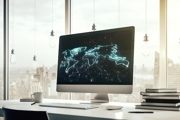 Photo modern computer display with abstract graphic world map big data and networking concept 3d rendering