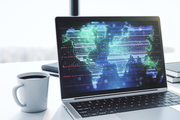 Modern computer display with abstract graphic world map big data and networking concept 3D Rendering