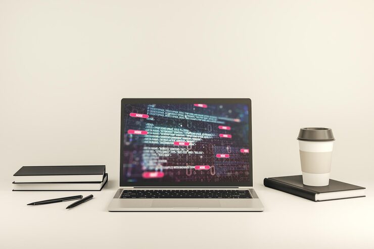 Photo modern computer display with abstract programming language hologram artificial intelligence and machine learning concept 3d rendering