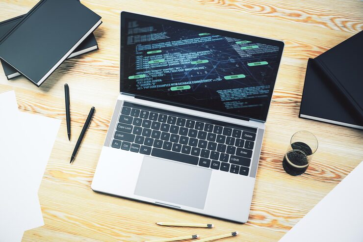 Photo modern computer display with abstract programming language hologram artificial intelligence and machine learning concept 3d rendering