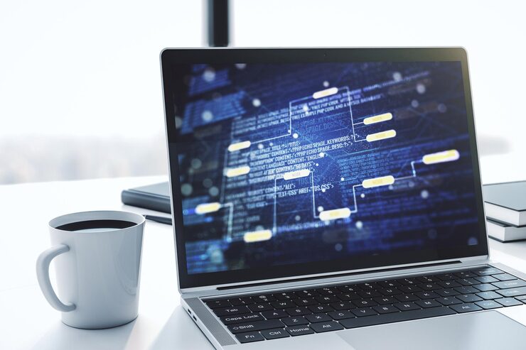 Photo modern computer display with abstract programming language hologram artificial intelligence and machine learning concept 3d rendering