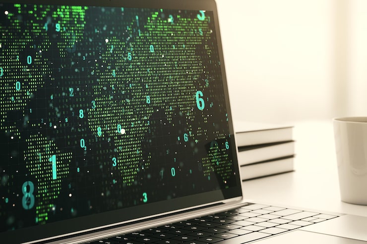 Photo modern computer display with abstract programming language hologram and world map artificial intelligence and neural networks concept 3d rendering