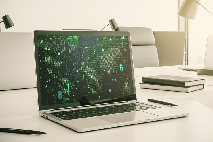 Photo modern computer display with abstract programming language hologram and world map artificial intelligence and neural networks concept 3d rendering
