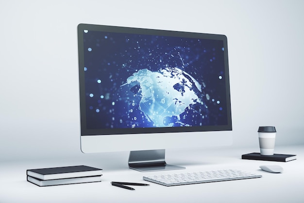 Modern computer display with abstract programming language hologram and world map artificial intelligence and neural networks concept 3D Rendering