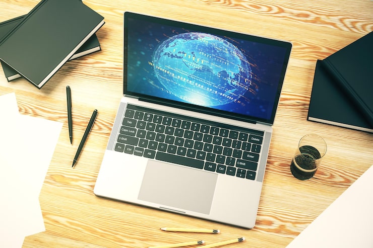 Photo 추상 프로그래밍 언어 홀로그램과 세계 지도 인공지능과 신경망 개념의 현대 컴퓨터 디스플레이 3d 렌더링