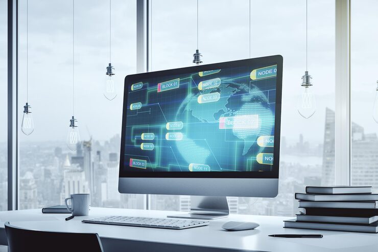 Photo modern computer display with abstract programming language hologram and world map artificial intelligence and neural networks concept 3d rendering
