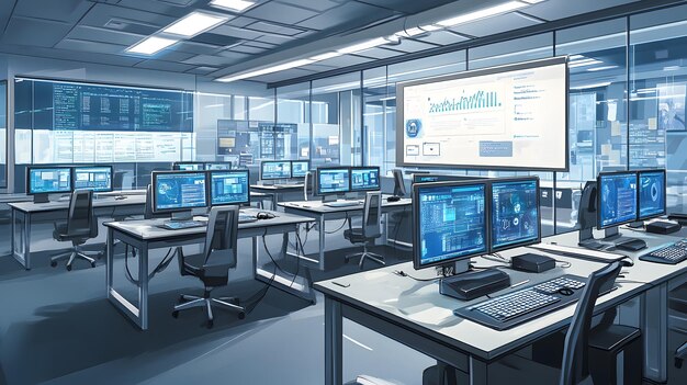 modern computer lab with multiple workstations featuring desktop computers displaying code and data welllit room with large windows and digital displays showing analytics and graphs