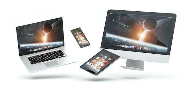 Modern computer laptop mobile phone and tablet floating 3D rendering