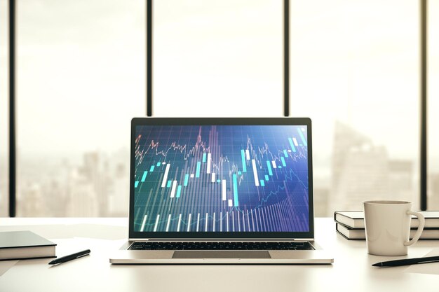 Modern computer monitor with abstract creative financial chart research and strategy concept 3D Rendering