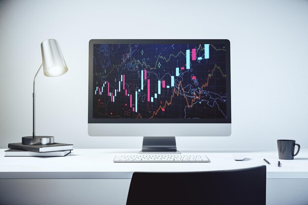 modern computer monitor with abstract creative financial chart research and strategy concept 3d rendering