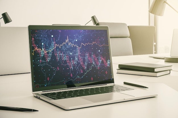 Modern computer monitor with abstract creative financial chart research and strategy concept 3D Rendering