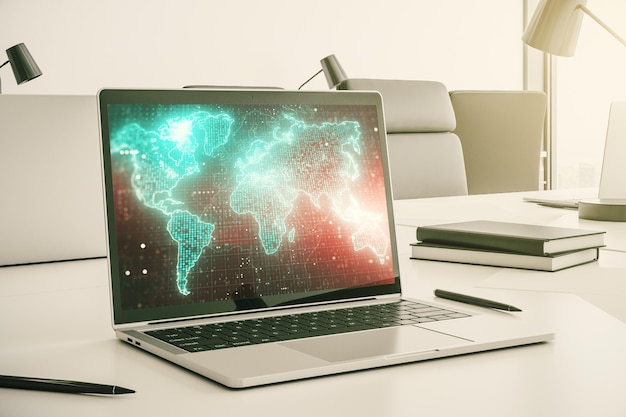 Modern computer monitor with abstract digital world map research and strategy concept 3D Rendering