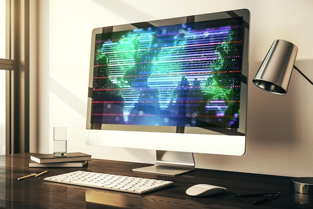 Photo modern computer monitor with abstract digital world map research and strategy concept 3d rendering