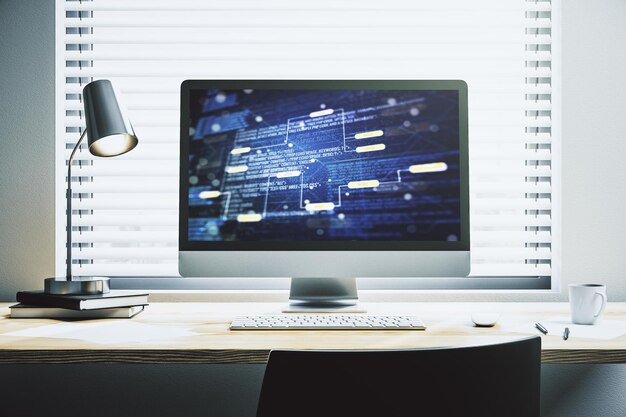 modern computer monitor with abstract programming language research and development concept 3d rendering