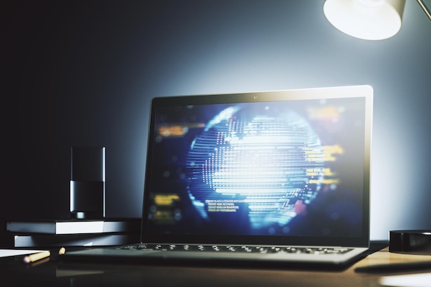 Modern computer monitor with abstract programming language with world map research and development concept 3D Rendering