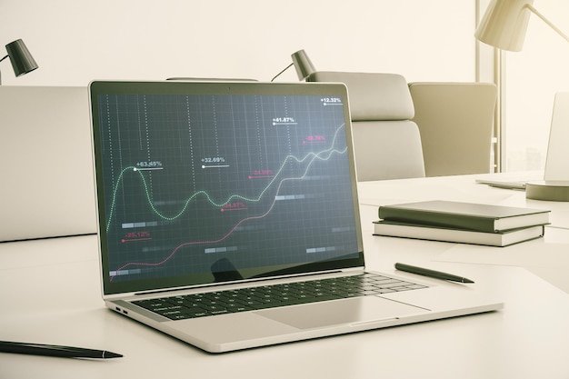 Photo modern computer monitor with abstract statistics data hologram interface computing and analytics concept 3d rendering