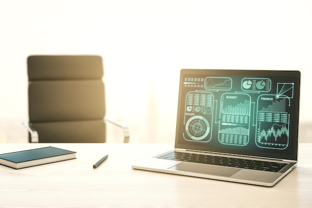 現代電腦顯示器與抽象統計數據全息圖接口計算和分析概念 3D染