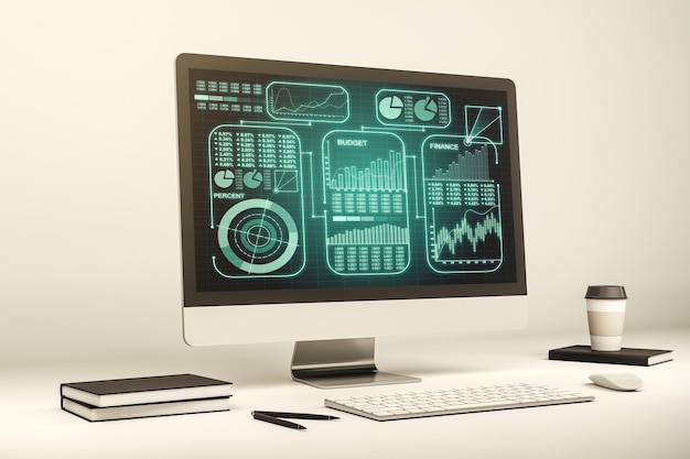 Foto monitor di computer moderno con dati statistici astratti interfaccia ologramma calcolo e analisi concetto 3d rendering