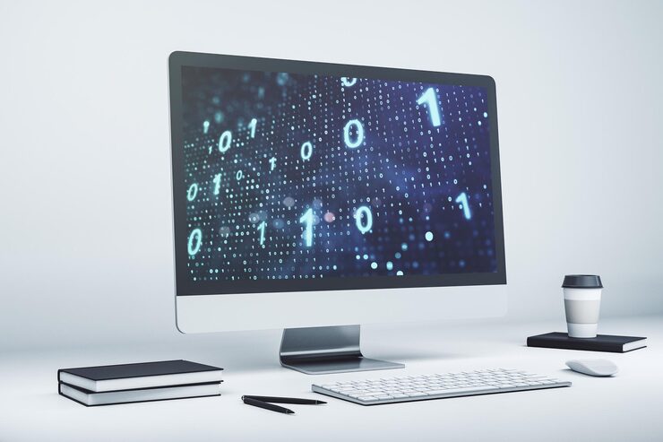 Photo modern computer monitor with creative abstract binary code hologram database and programming concept 3d rendering