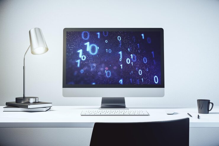 Photo modern computer monitor with creative abstract binary code hologram database and programming concept 3d rendering