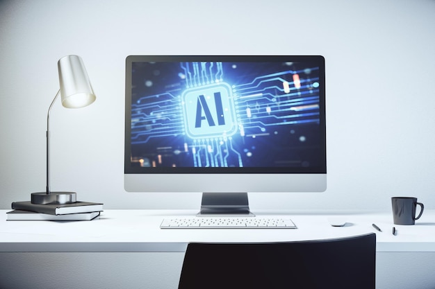 創造的な人工知能のアイコンを備えた現代のコンピューター モニター ニューラル ネットワークと機械学習の概念 3 D レンダリング