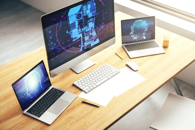 Modern computer monitor with creative artificial Intelligence symbol Neural networks and machine learning concept 3D Rendering