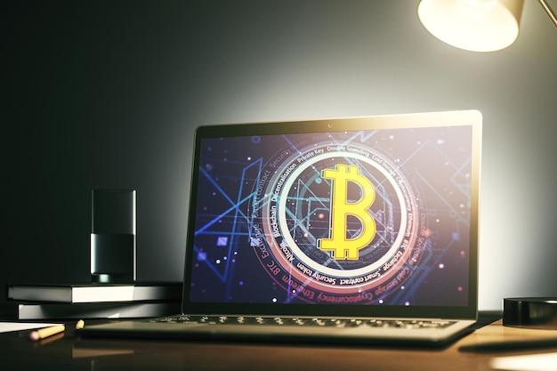 Modern computer monitor with creative Bitcoin symbol Cryptocurrency concept 3D Rendering