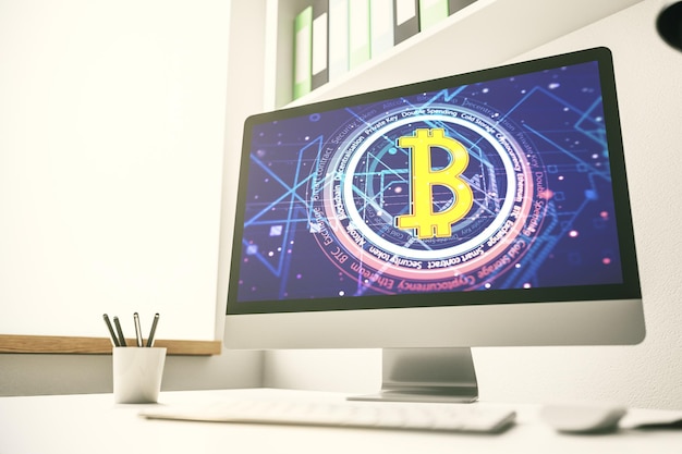 Modern computer monitor with creative Bitcoin symbol Cryptocurrency concept 3D Rendering