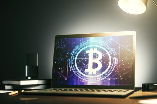 創造的なビットコイン シンボル暗号通貨コンセプト 3 D レンダリングを備えた現代のコンピューター モニター