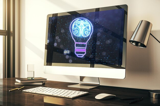 인간의 두뇌 아이디어와 브레인스토밍 개념 3D 렌더링이 포함된 창의적인 전구 홀로그램이 있는 현대적인 컴퓨터 모니터