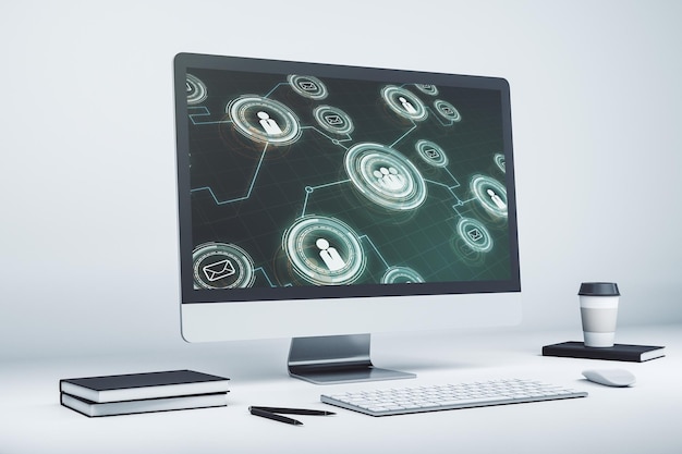 ソーシャル ネットワーク アイコンのコンセプトを持つ現代のコンピューター モニター マーケティングとプロモーションのコンセプト 3 D レンダリング