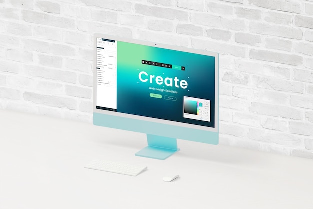 Foto lo schermo del computer moderno mostra l'interfaccia di creazione di siti web online con editor e palette di colori