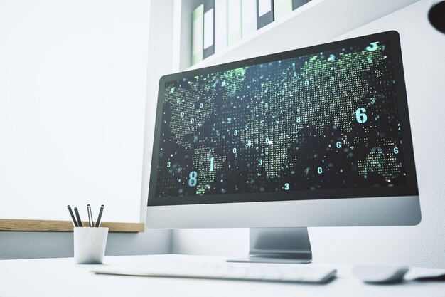 Modern computer screen with abstract creative coding sketch and world map artificial intelligence and neural networks concept 3D Rendering