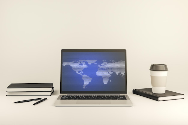 Modern computer screen with abstract creative digital world map research and analytics concept 3D Rendering