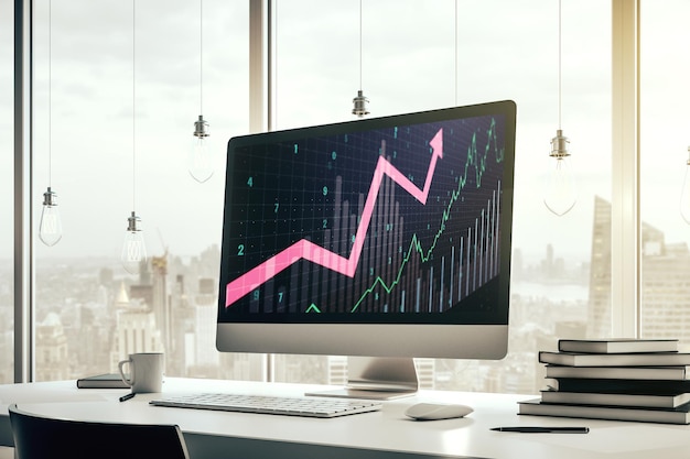 Modern computer screen with abstract creative financial chart and upward arrow rise and breakthrough concept 3D Rendering