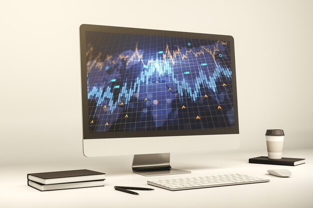 Modern computer screen with abstract creative financial chart with world map research and analytics concept 3D Rendering