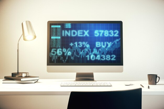 Modern computer screen with abstract financial diagram banking and accounting concept 3D Rendering