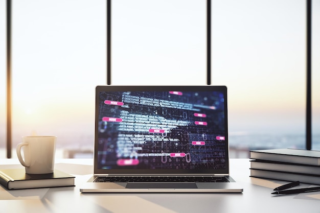 modern computer screen with abstract graphic coding sketch big data and networking concept 3d rendering