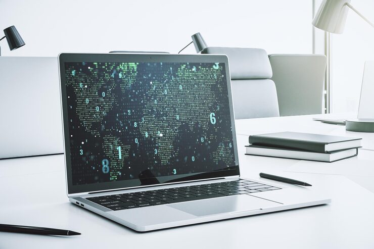 Photo modern computer screen with abstract graphic coding sketch and world map big data and networking concept 3d rendering